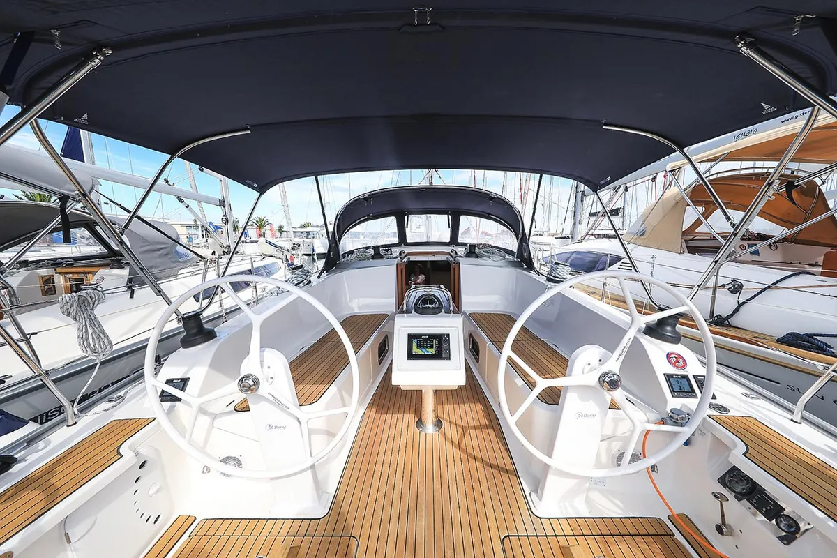 Cockpit of Fleur de Lys, a Bavaria Cruiser 41 sailboat at Murter, Croatia