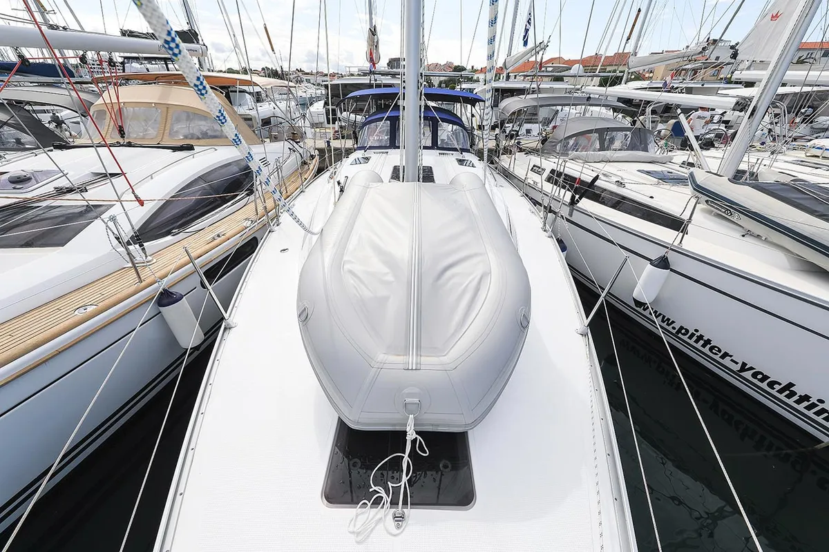 Deck of Fleur de Lys, a Bavaria Cruiser 41 sailboat at Murter, Croatia