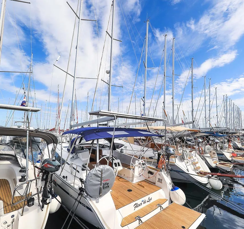 Exterior view of Fleur de Lys, a Bavaria Cruiser 41 sailboat at Murter, Croatia