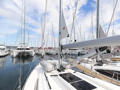 Deck of Fleur de Lys, a Bavaria Cruiser 41 sailboat at Murter, Croatia