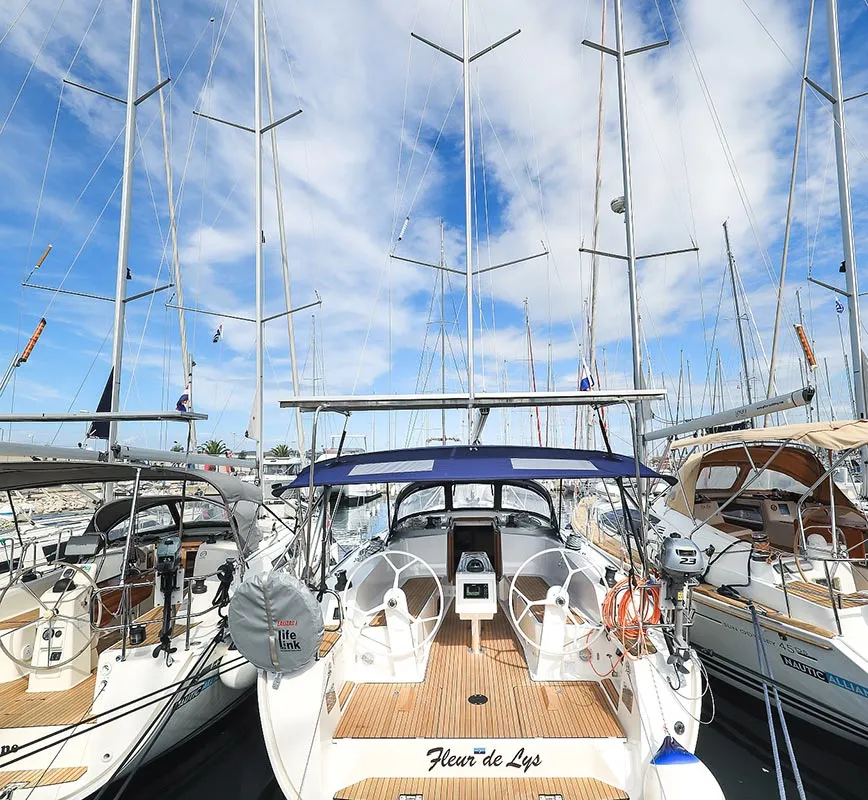 Exterior view of Fleur de Lys, a Bavaria Cruiser 41 sailboat at Murter, Croatia