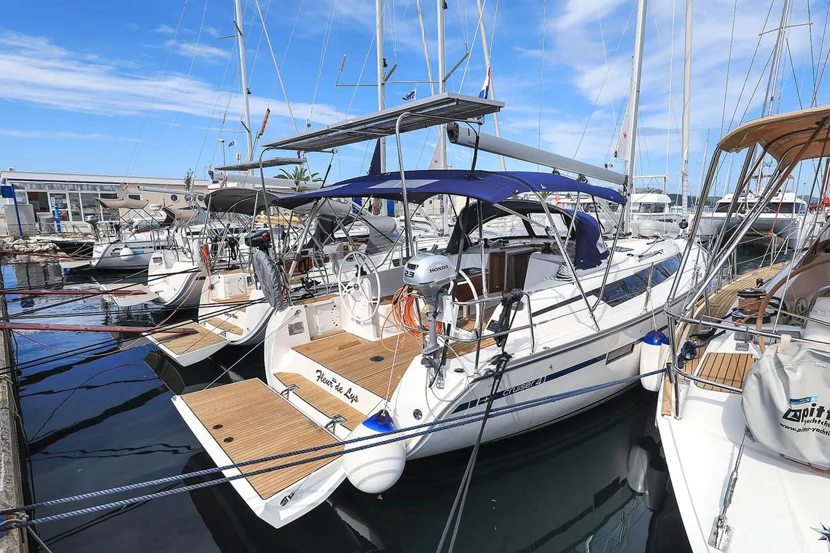 Exterior view of Fleur de Lys, a Bavaria Cruiser 41 sailboat at Murter, Croatia