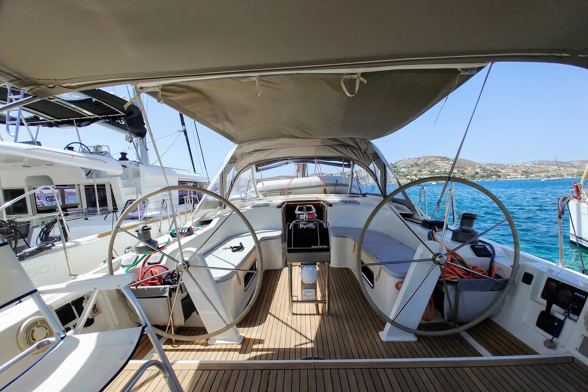 Cockpit of APOLLONIS, a Hanse 540e sailboat at Salamina Municipal Unit, Greece