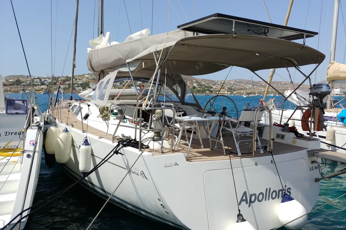 Exterior view of APOLLONIS, a Hanse 540e sailboat at Salamina Municipal Unit, Greece