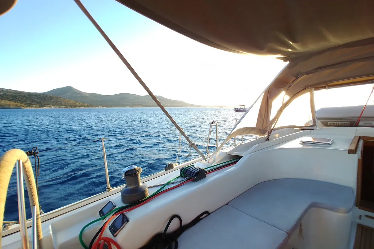Deck of APOLLONIS, a Hanse 540e sailboat at Salamina Municipal Unit, Greece