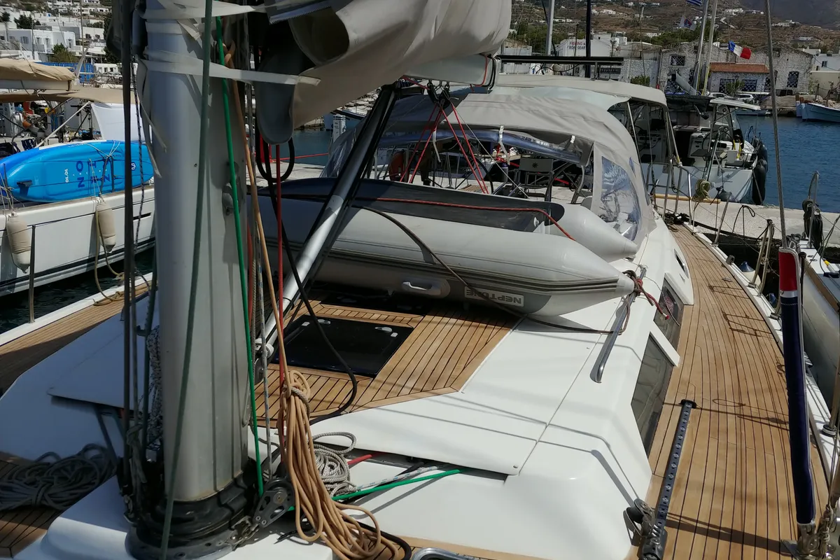 Deck of APOLLONIS, a Hanse 540e sailboat at Salamina Municipal Unit, Greece