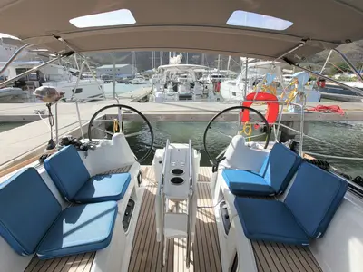 Cockpit of Naya, a Jeanneau Sun Odyssey 349 sailboat at Road Town, British Virgin Islands