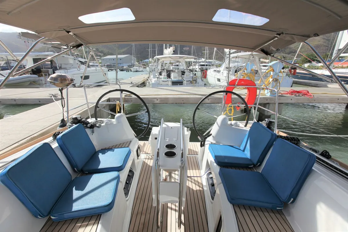 Cockpit of Naya, a Jeanneau Sun Odyssey 349 sailboat at Road Town, British Virgin Islands