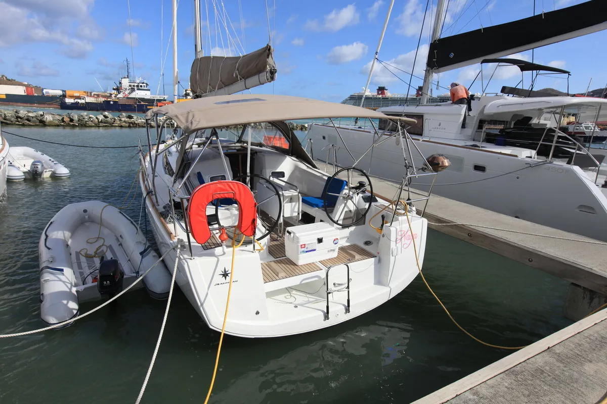 Exterior view of Naya, a Jeanneau Sun Odyssey 349 sailboat at Road Town, British Virgin Islands