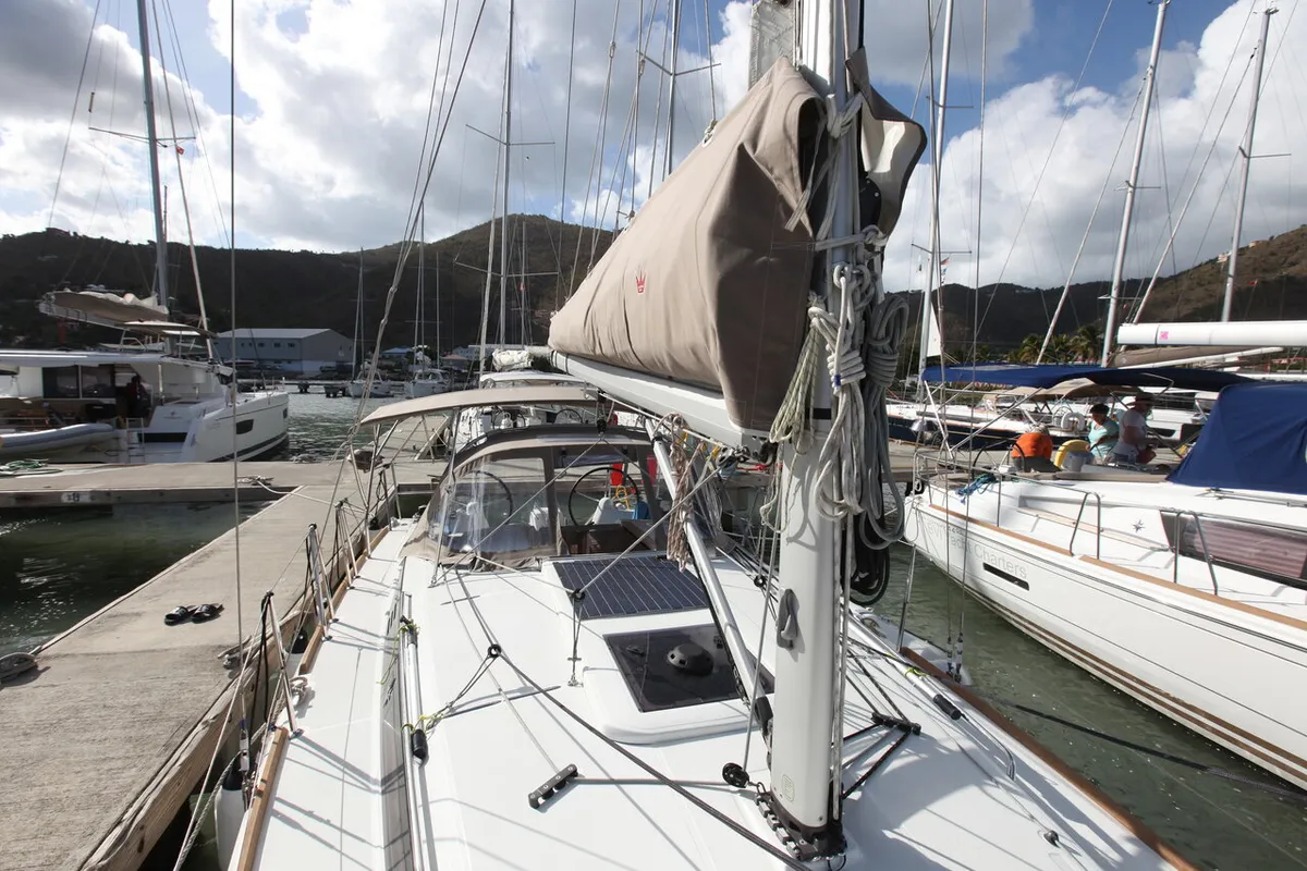 Exterior view of Naya, a Jeanneau Sun Odyssey 349 sailboat at Road Town, British Virgin Islands
