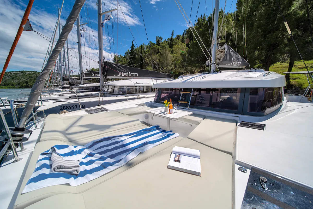 Deck of First Whisper, a Bali Catsmart catamaran at Skradin, Croatia