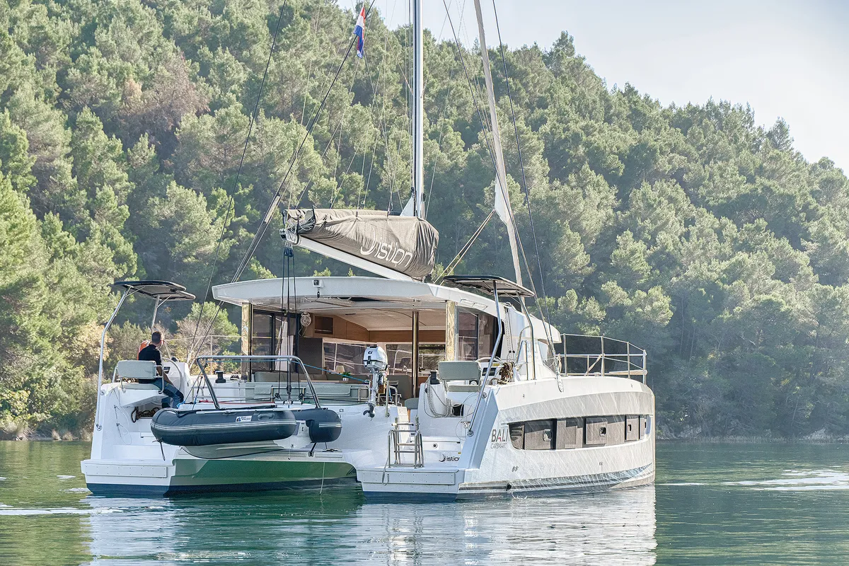 Exterior view of First Whisper, a Bali Catsmart catamaran at Skradin, Croatia