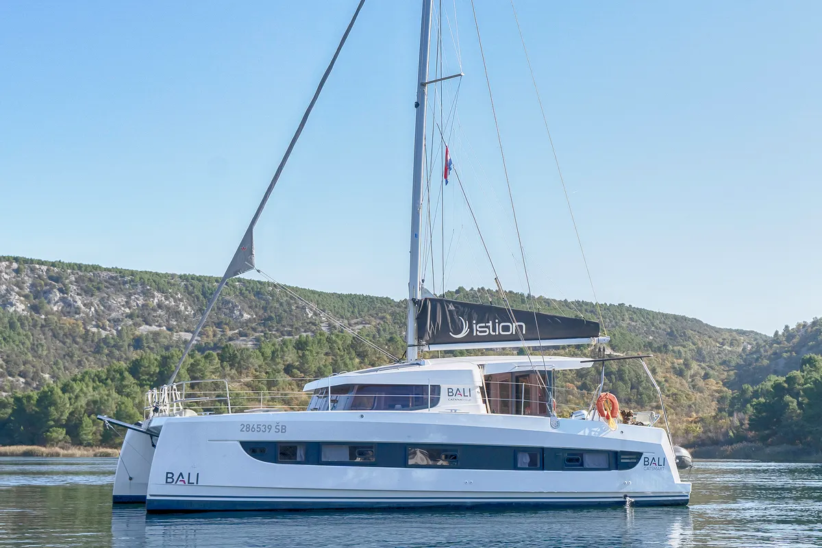 Exterior view of First Whisper, a Bali Catsmart catamaran at Skradin, Croatia