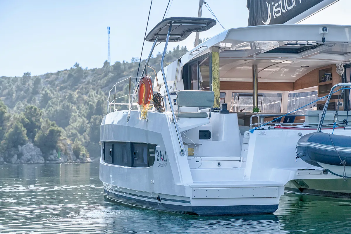 Exterior view of First Whisper, a Bali Catsmart catamaran at Skradin, Croatia
