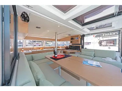 Salon of First Whisper, a Bali Catsmart catamaran at Skradin, Croatia