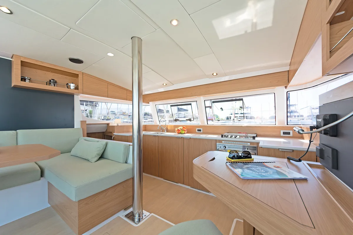 Salon of First Whisper, a Bali Catsmart catamaran at Skradin, Croatia