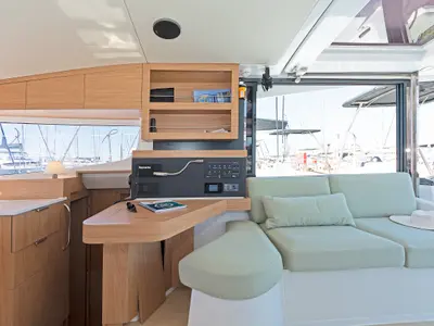 Cockpit of First Whisper, a Bali Catsmart catamaran at Skradin, Croatia