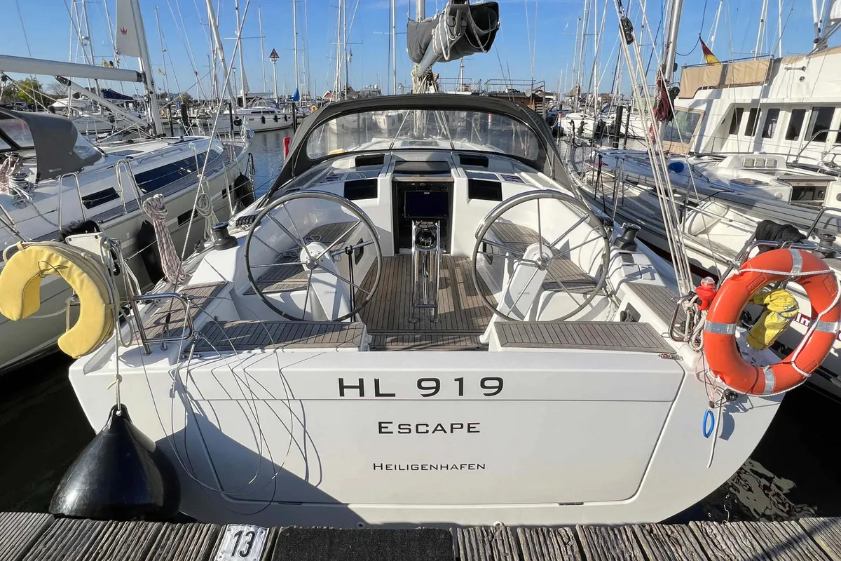 Cockpit of Escape, a Hanse 415 sailboat at Heiligenhafen, Germany