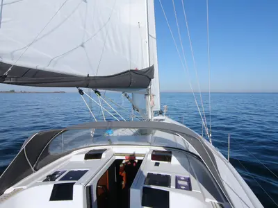 Deck of Escape, a Hanse 415 sailboat at Heiligenhafen, Germany