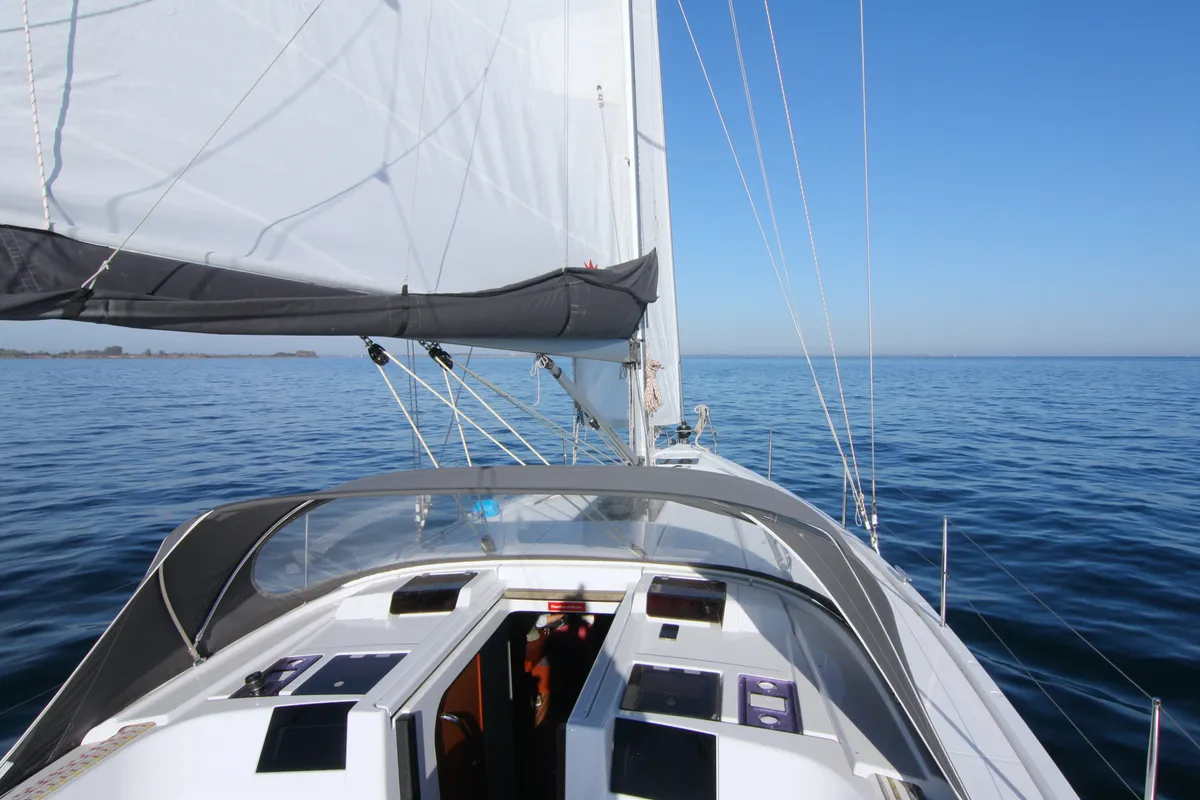 Deck of Escape, a Hanse 415 sailboat at Heiligenhafen, Germany