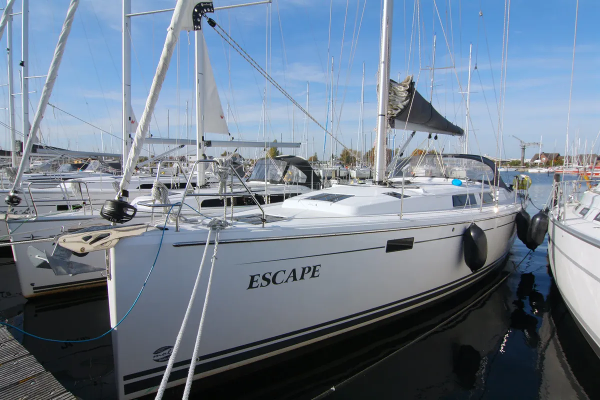 Exterior view of Escape, a Hanse 415 sailboat at Heiligenhafen, Germany