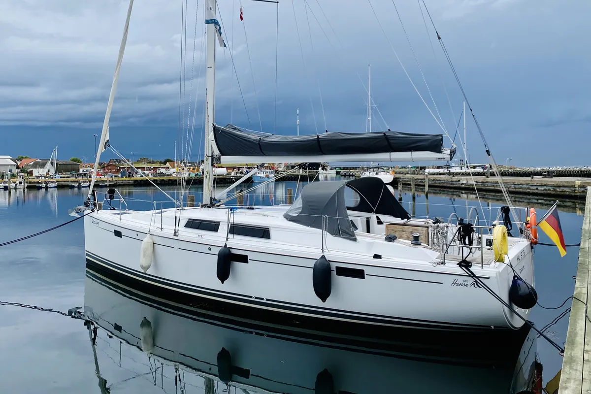 Exterior view of Escape, a Hanse 415 sailboat at Heiligenhafen, Germany