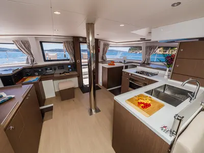 Cockpit of Aldebaran, a Bali 4.8 catamaran at Grad Biograd na Moru, Croatia