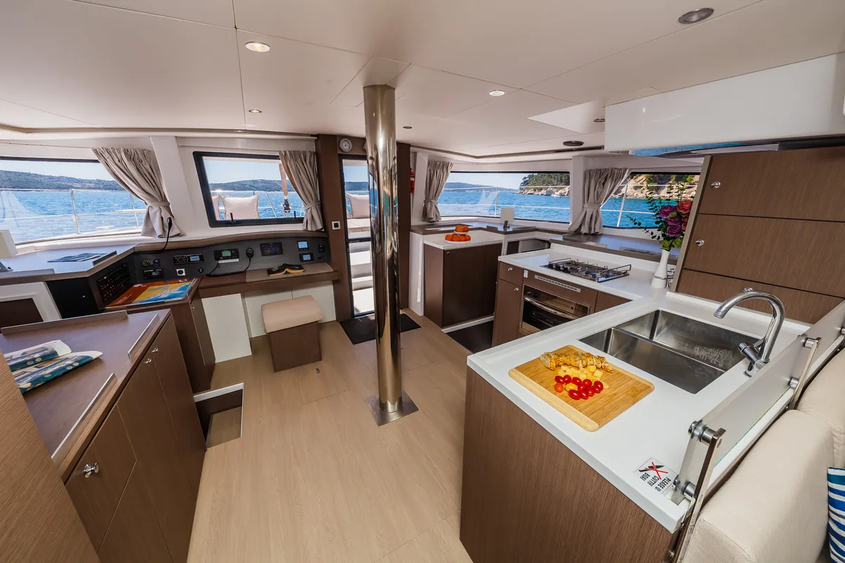 Cockpit of Aldebaran, a Bali 4.8 catamaran at Grad Biograd na Moru, Croatia