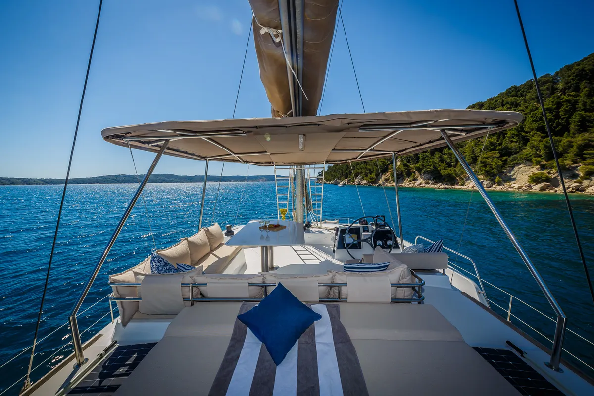 Deck of Aldebaran, a Bali 4.8 catamaran at Grad Biograd na Moru, Croatia