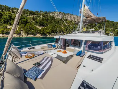 Deck of Aldebaran, a Bali 4.8 catamaran at Grad Biograd na Moru, Croatia