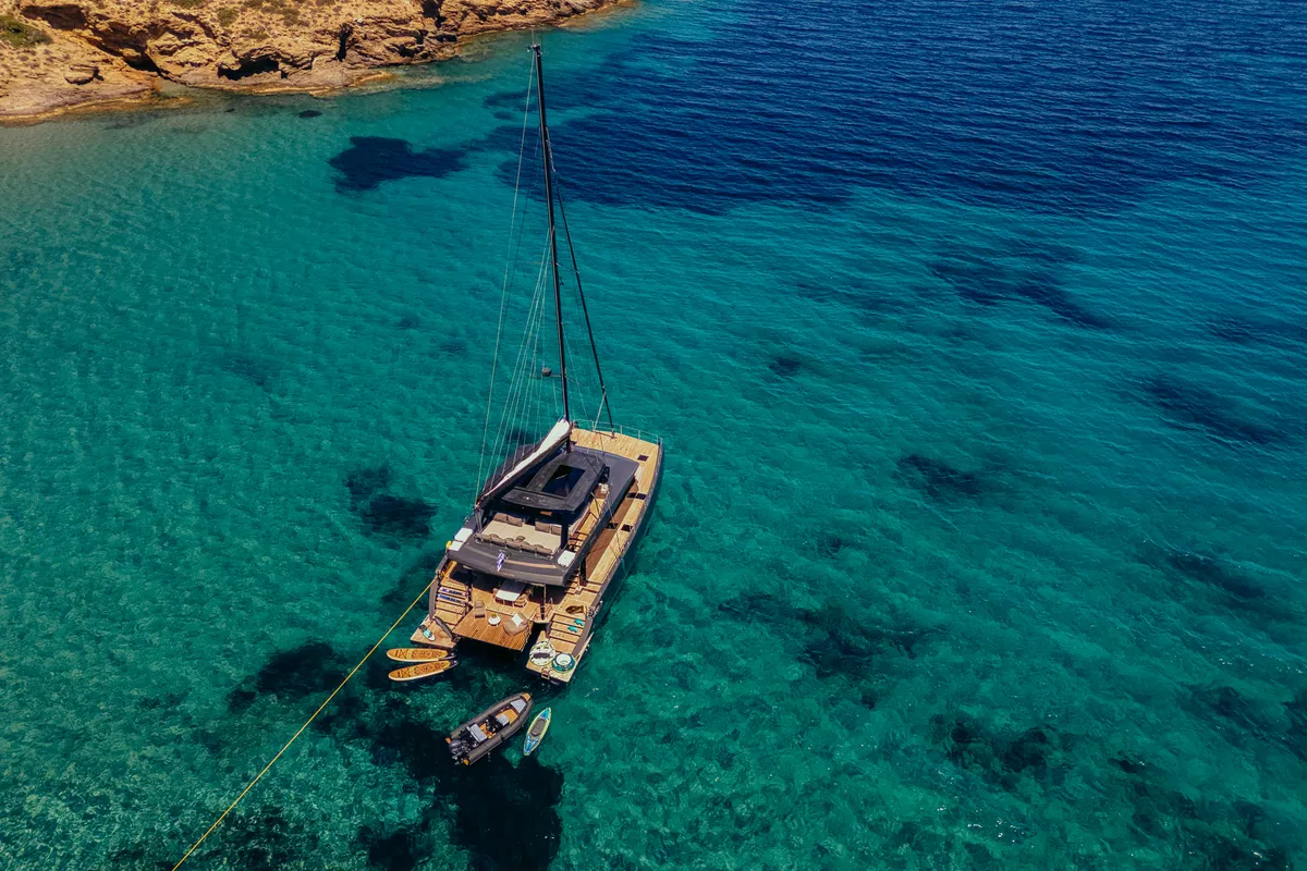 Exterior view of Honeymoon, a Gulet Moon Yacht 65 catamaran at Lefkada, Greece