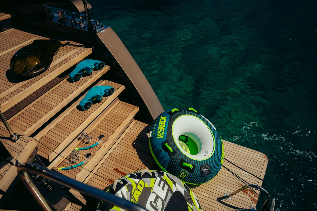 Deck of Honeymoon, a Gulet Moon Yacht 65 catamaran at Lefkada, Greece