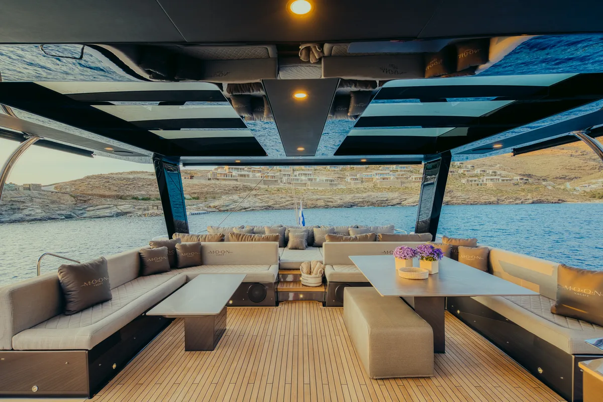 Deck of Honeymoon, a Gulet Moon Yacht 65 catamaran at Lefkada, Greece