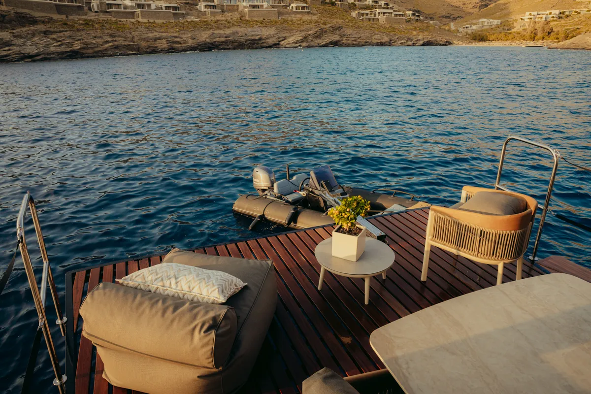 Deck of Honeymoon, a Gulet Moon Yacht 65 catamaran at Lefkada, Greece