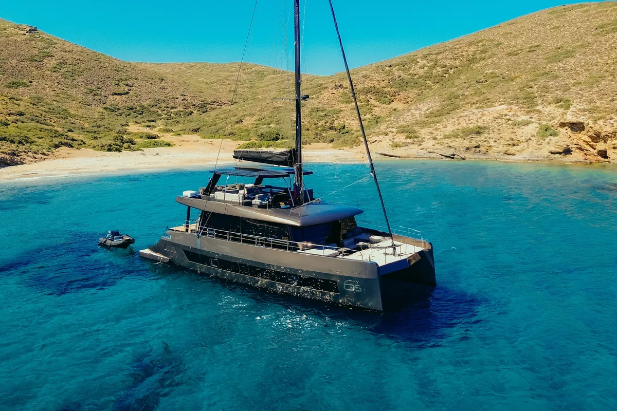 Exterior view of Honeymoon, a Gulet Moon Yacht 65 catamaran at Lefkada, Greece