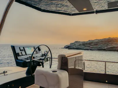 Cockpit of Honeymoon, a Gulet Moon Yacht 65 catamaran at Lefkada, Greece