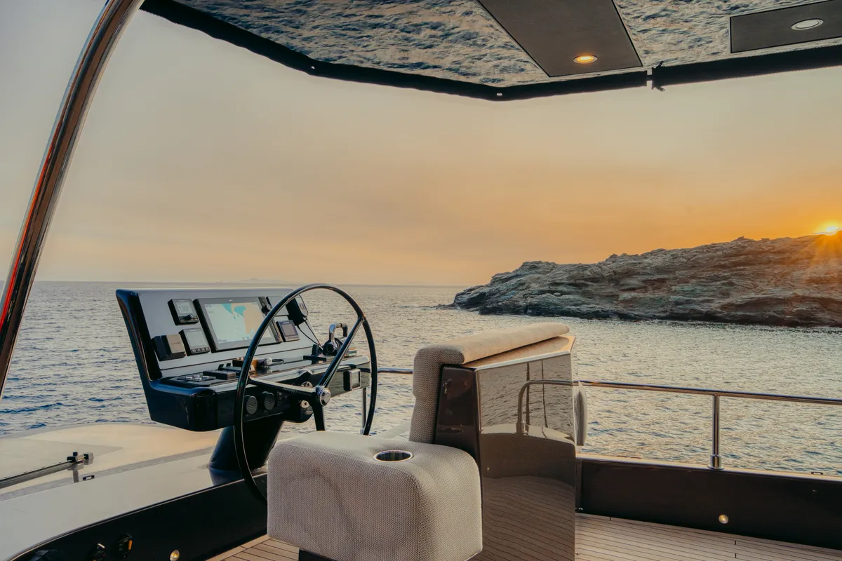 Cockpit of Honeymoon, a Gulet Moon Yacht 65 catamaran at Lefkada, Greece