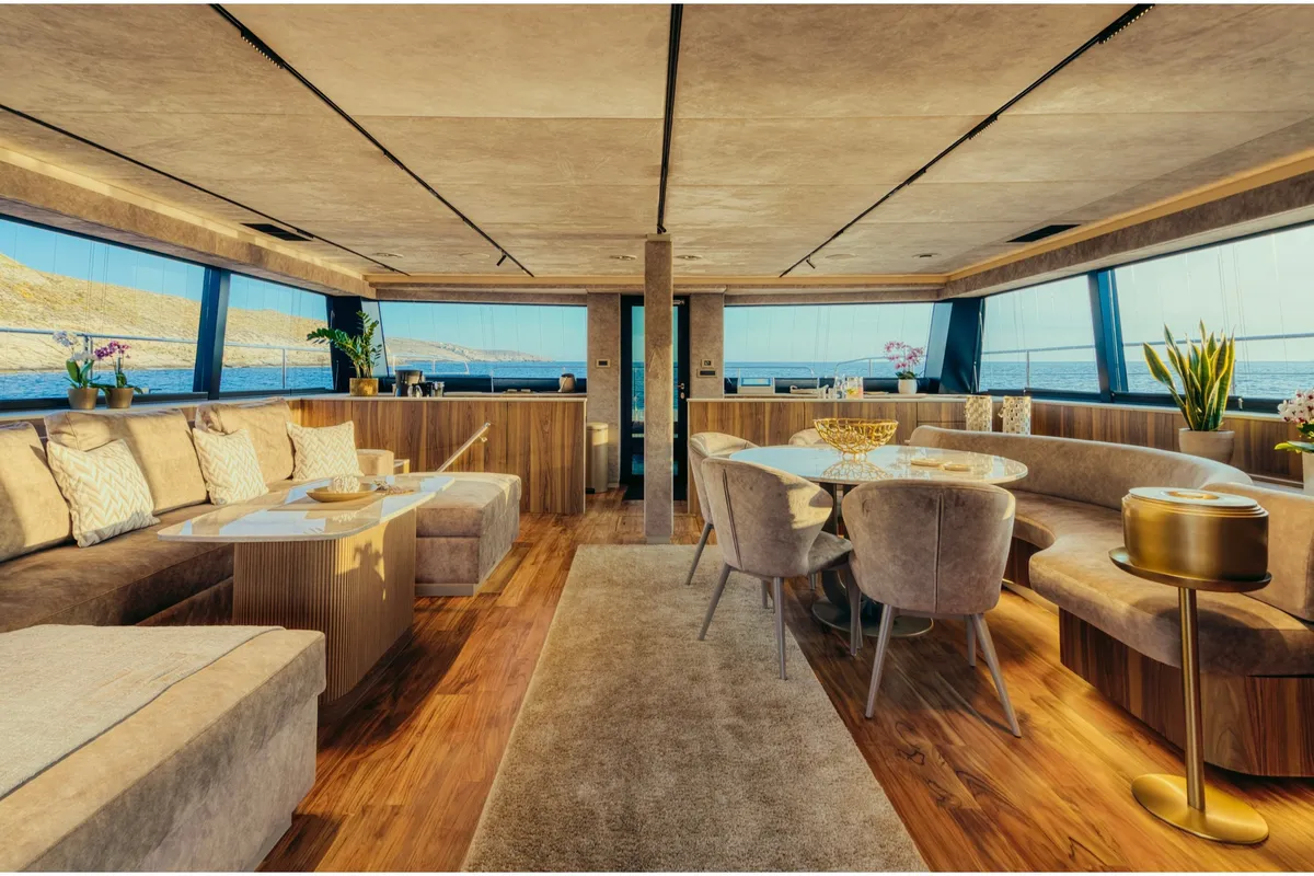 Salon of Honeymoon, a Gulet Moon Yacht 65 catamaran at Lefkada, Greece