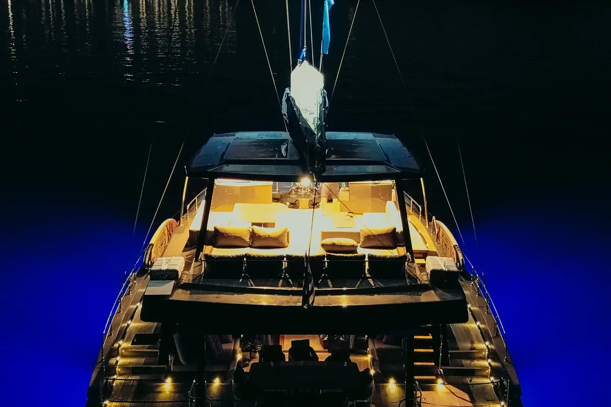 Exterior view of Honeymoon, a Gulet Moon Yacht 65 catamaran at Lefkada, Greece