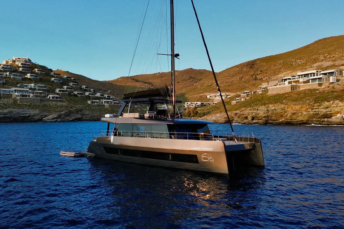 Exterior view of Honeymoon, a Gulet Moon Yacht 65 catamaran at Lefkada, Greece
