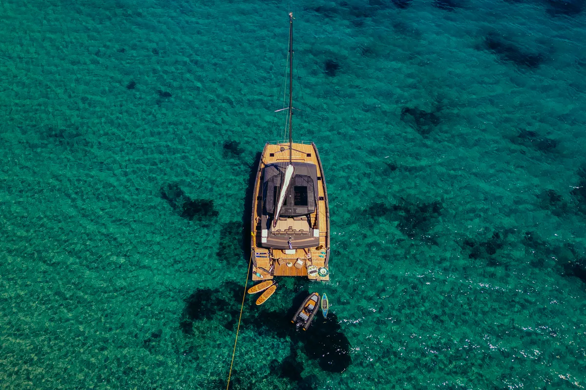 Exterior view of Honeymoon, a Gulet Moon Yacht 65 catamaran at Lefkada, Greece