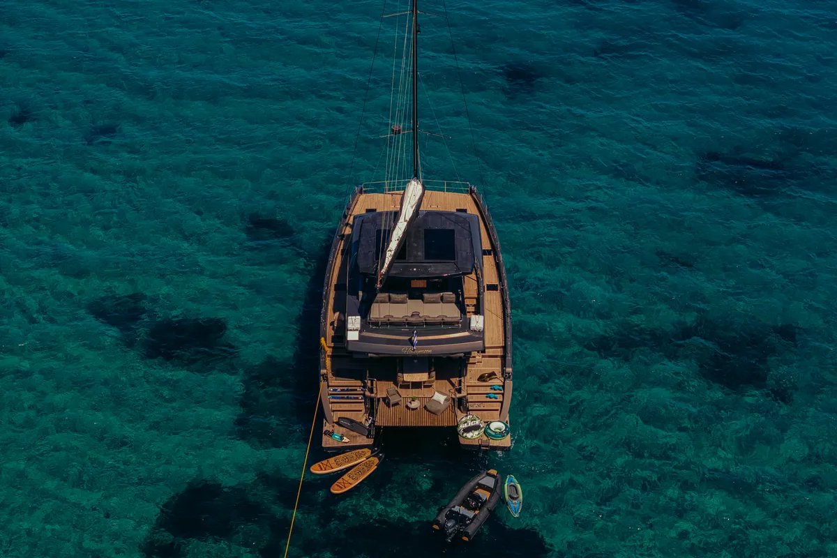 Exterior view of Honeymoon, a Gulet Moon Yacht 65 catamaran at Lefkada, Greece