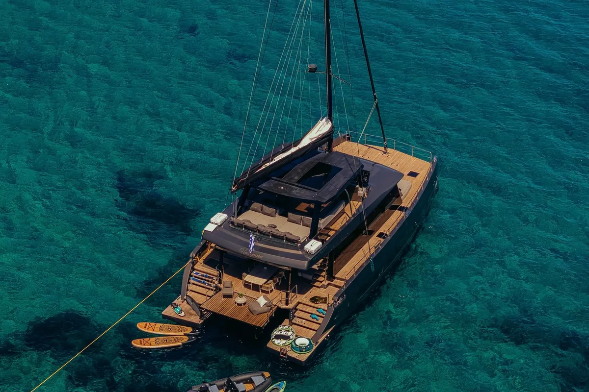Exterior view of Honeymoon, a Gulet Moon Yacht 65 catamaran at Lefkada, Greece