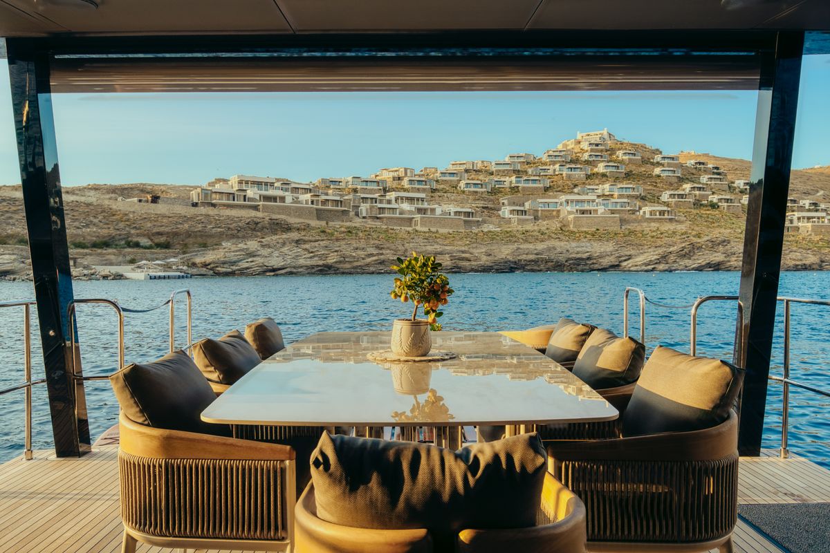 Deck of Honeymoon, a Gulet Moon Yacht 65 catamaran at Lefkada, Greece