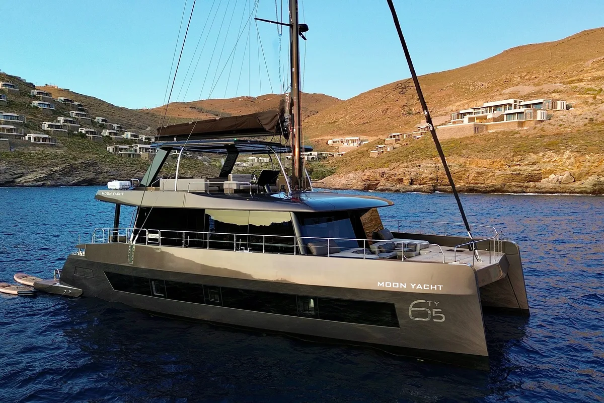 Exterior view of Honeymoon, a Gulet Moon Yacht 65 catamaran at Lefkada, Greece