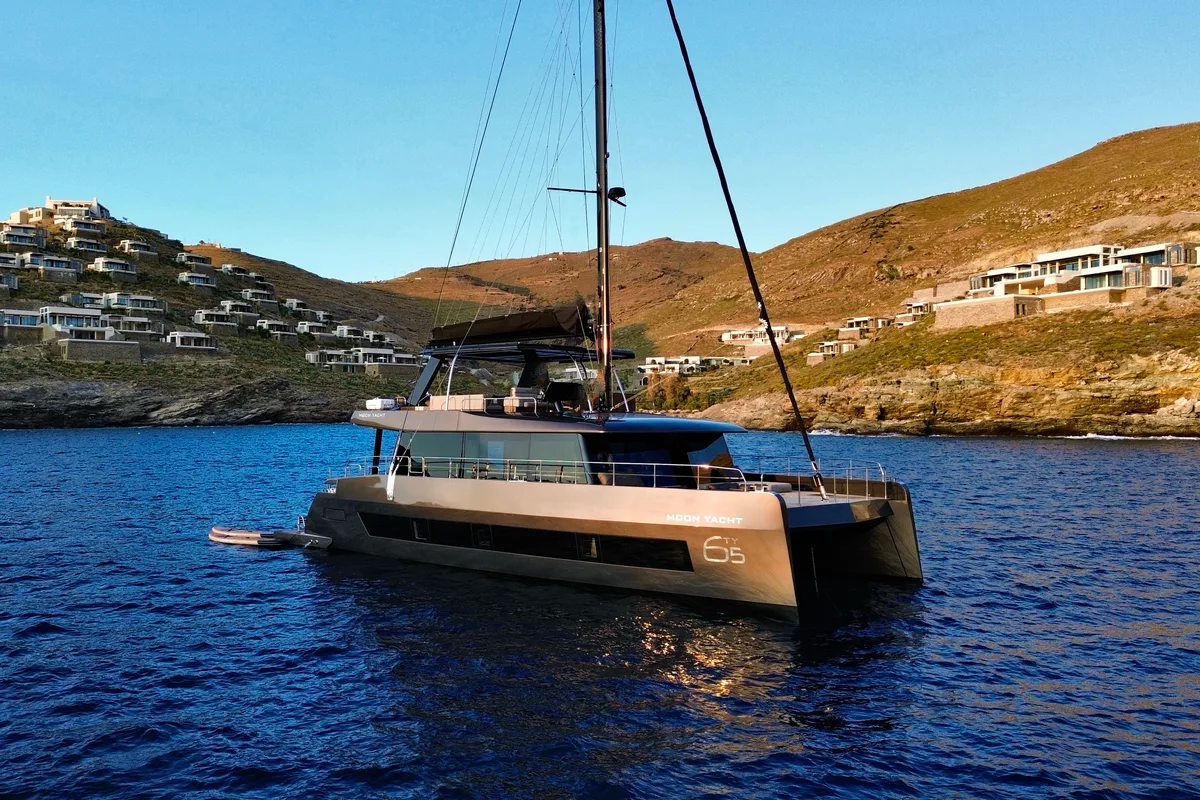 Exterior view of Honeymoon, a Gulet Moon Yacht 65 catamaran at Lefkada, Greece