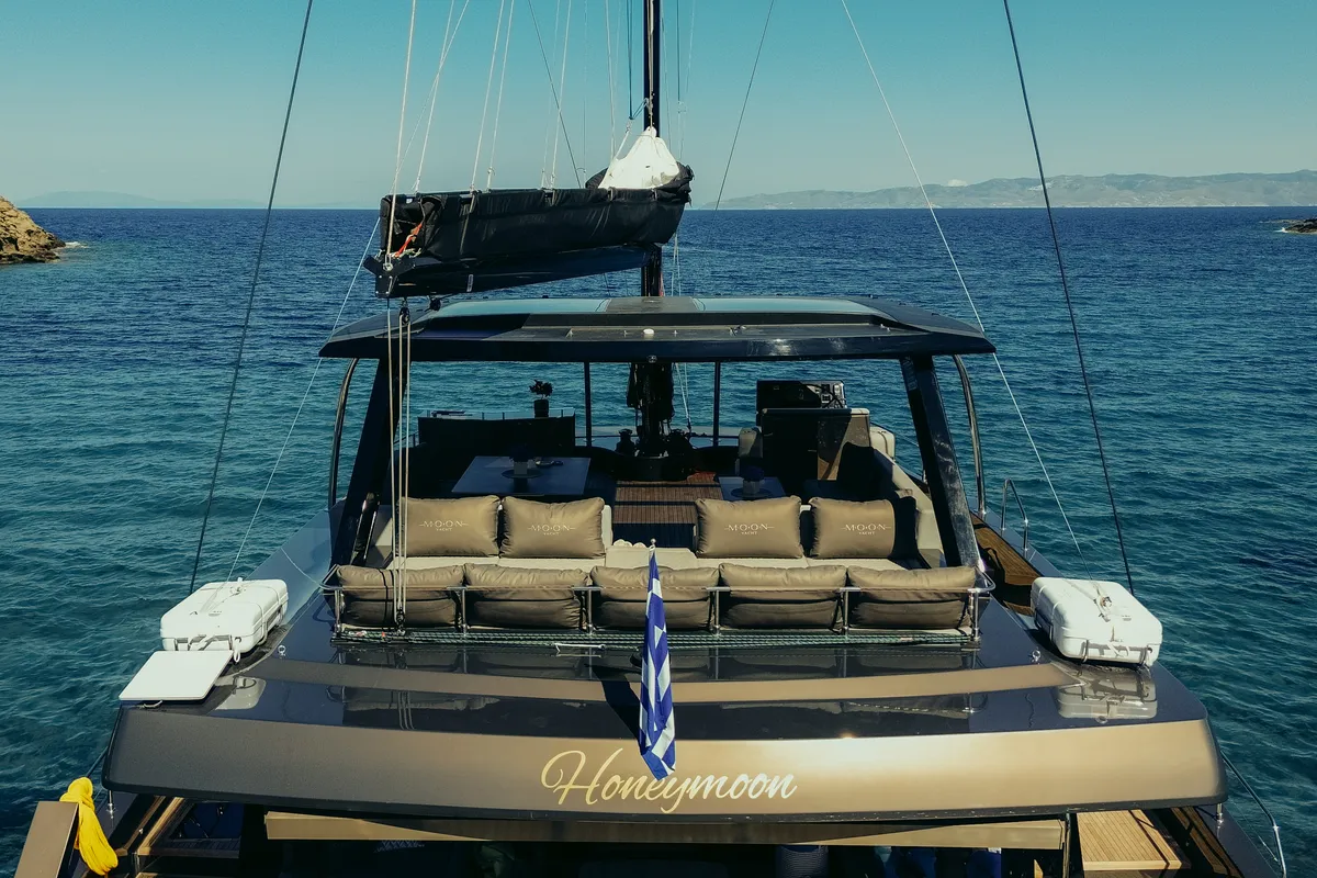 Deck of Honeymoon, a Gulet Moon Yacht 65 catamaran at Lefkada, Greece