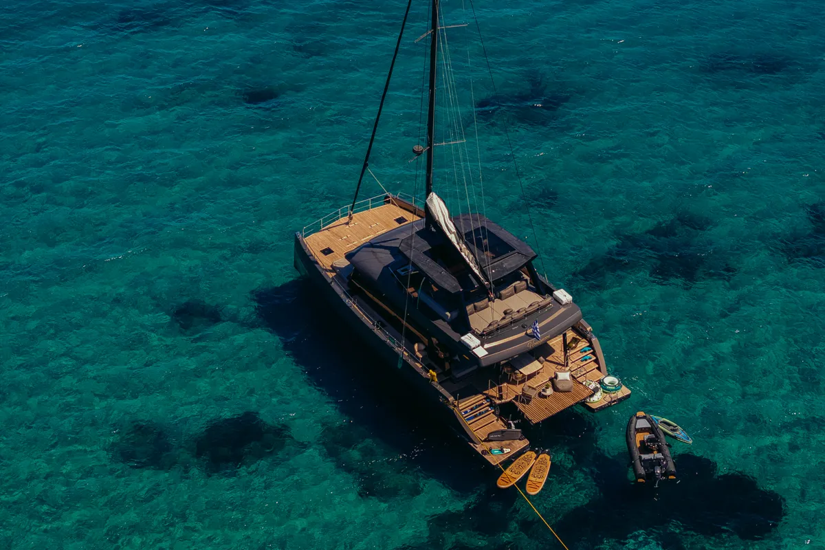 Exterior view of Honeymoon, a Gulet Moon Yacht 65 catamaran at Lefkada, Greece