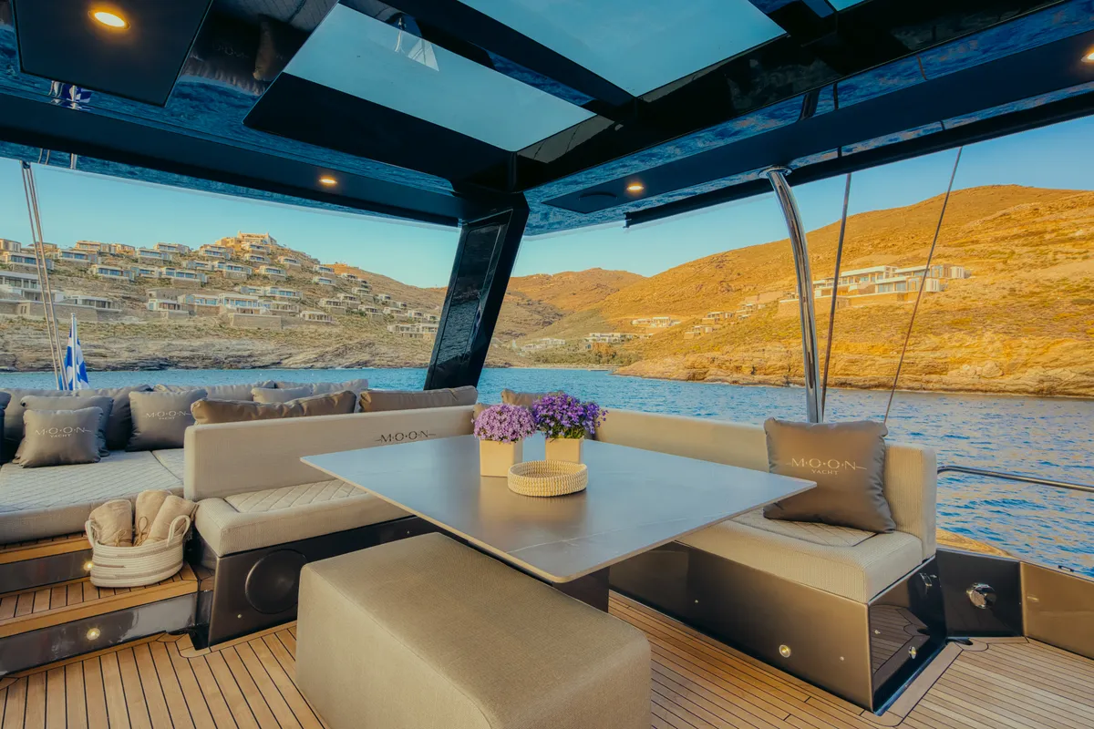Deck of Honeymoon, a Gulet Moon Yacht 65 catamaran at Lefkada, Greece