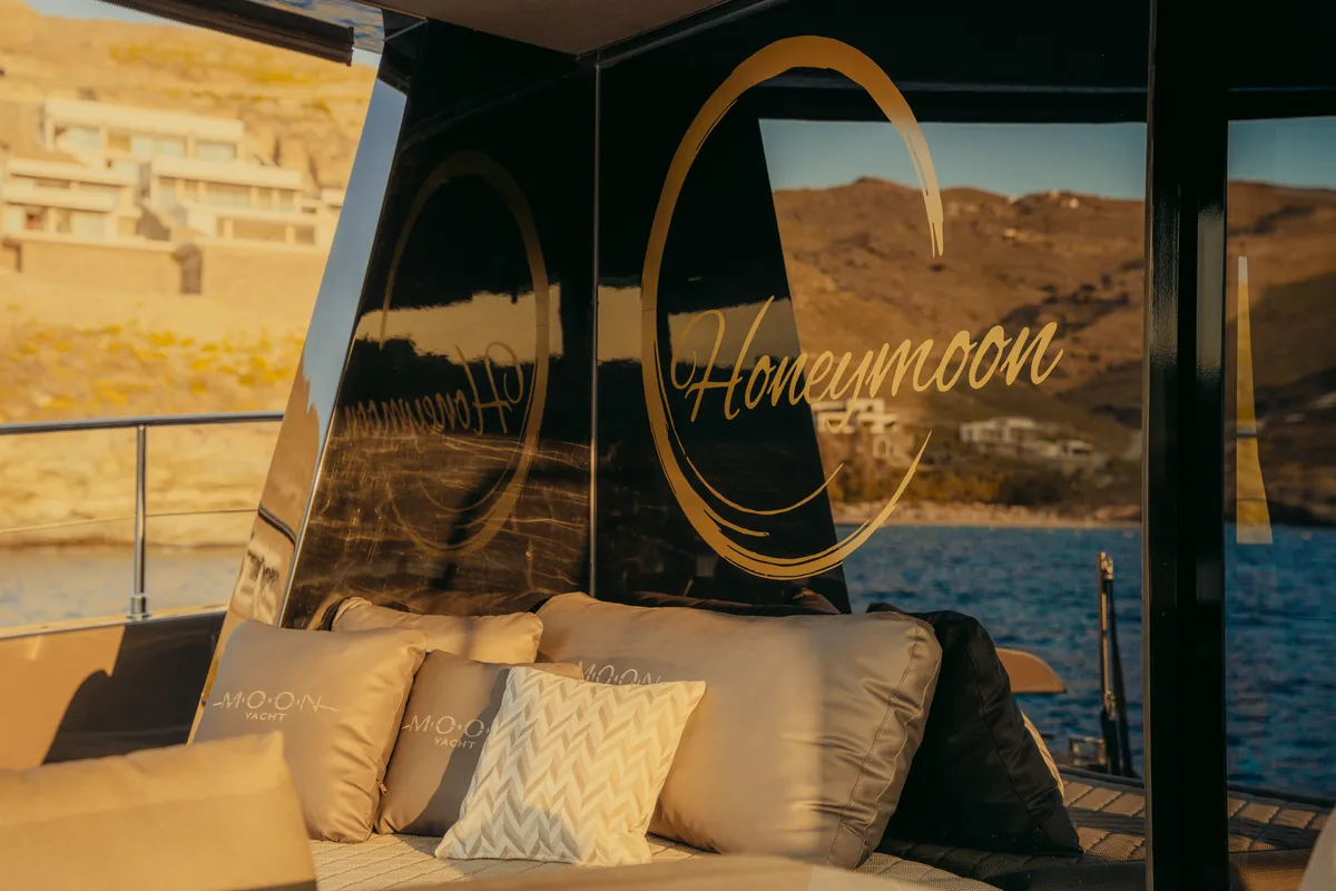 Deck of Honeymoon, a Gulet Moon Yacht 65 catamaran at Lefkada, Greece